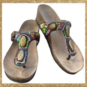 Sequin Beaded Sandals Cork Heel Leather Rialto Wedge Flip Flops Womens Size 6